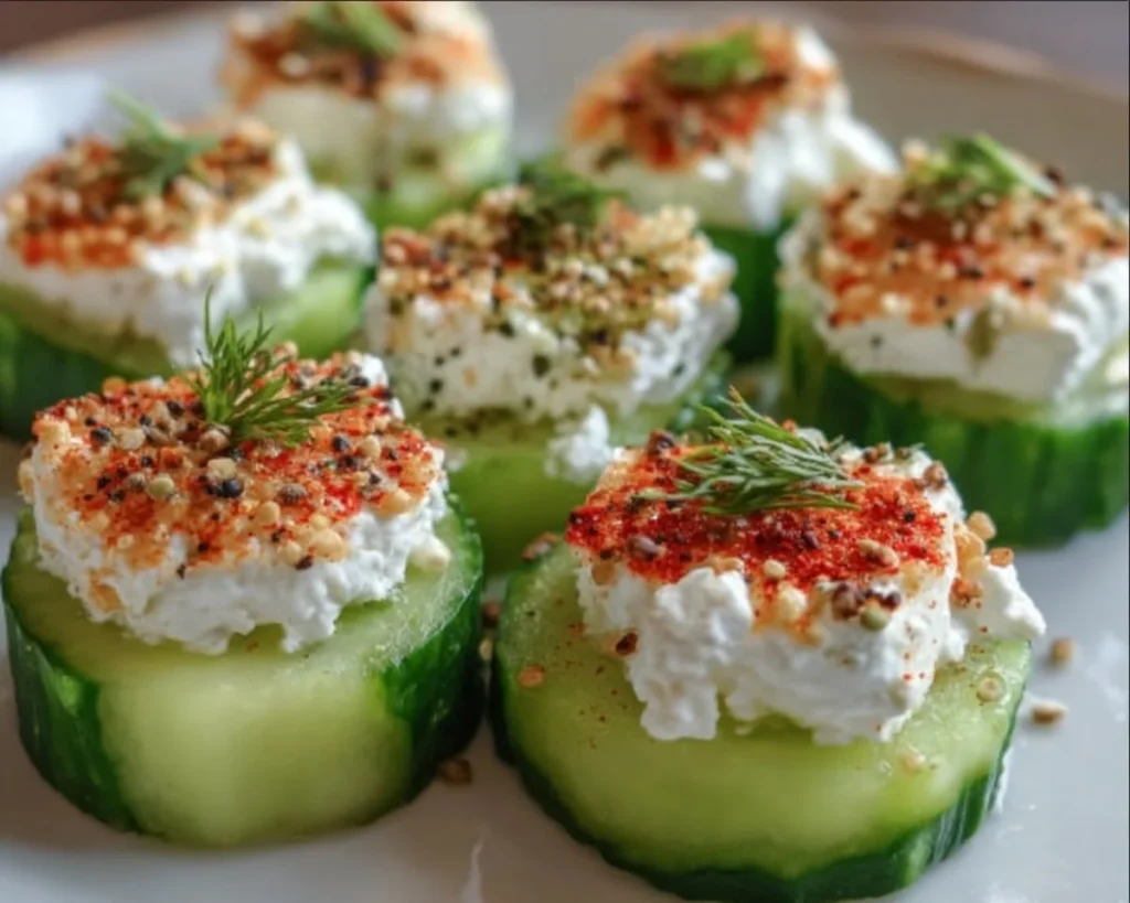 Delicious Cucumber Cottage Cheese Bites served on a plate