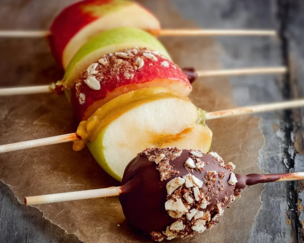 Delicious dipped apple slices on a stick, perfect for snacks or party treats.