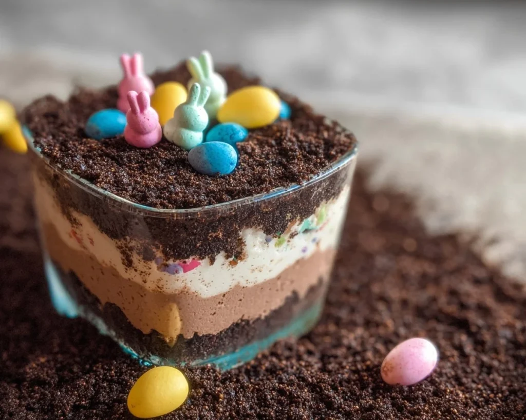 Easter Dirt Cake with colorful candy and chocolate layers for spring celebrations