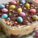 Easter Dirt Cake Casserole served in a festive dish with chocolate crumbs and gummy worms.