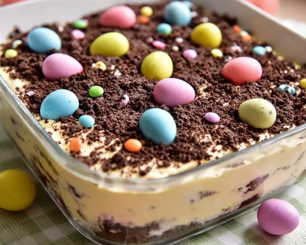 Easter Dirt Cake Casserole served in a festive dish with chocolate crumbs and gummy worms.