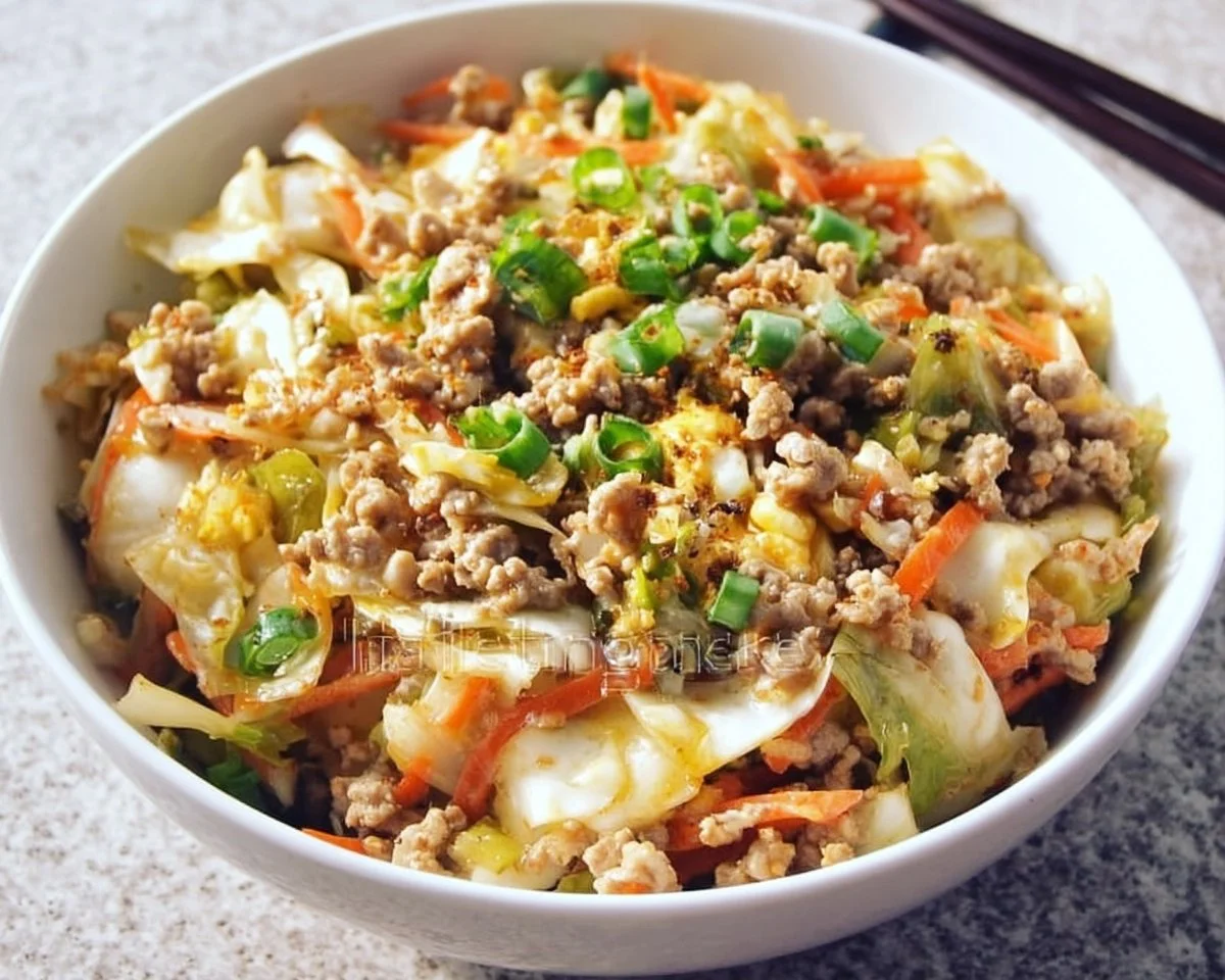 Delicious egg roll in a bowl with colorful vegetables and savory sauce