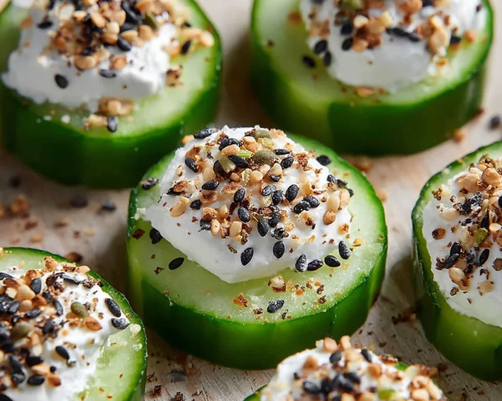 Everything Bagel Cucumber Bites ready to serve on a platter
