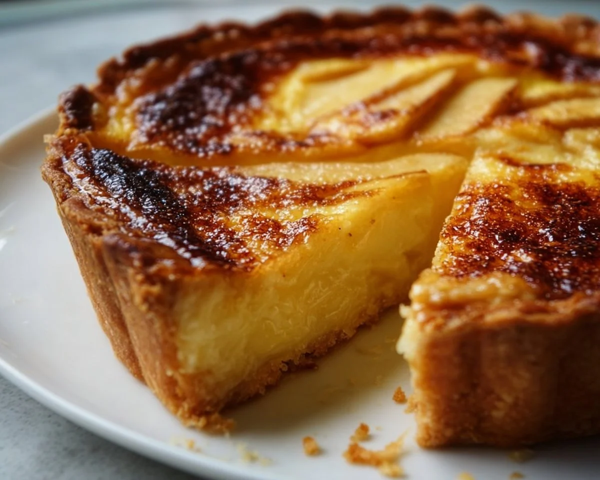 Delicious slice of French Apple Custard Pie with apples and custard topping