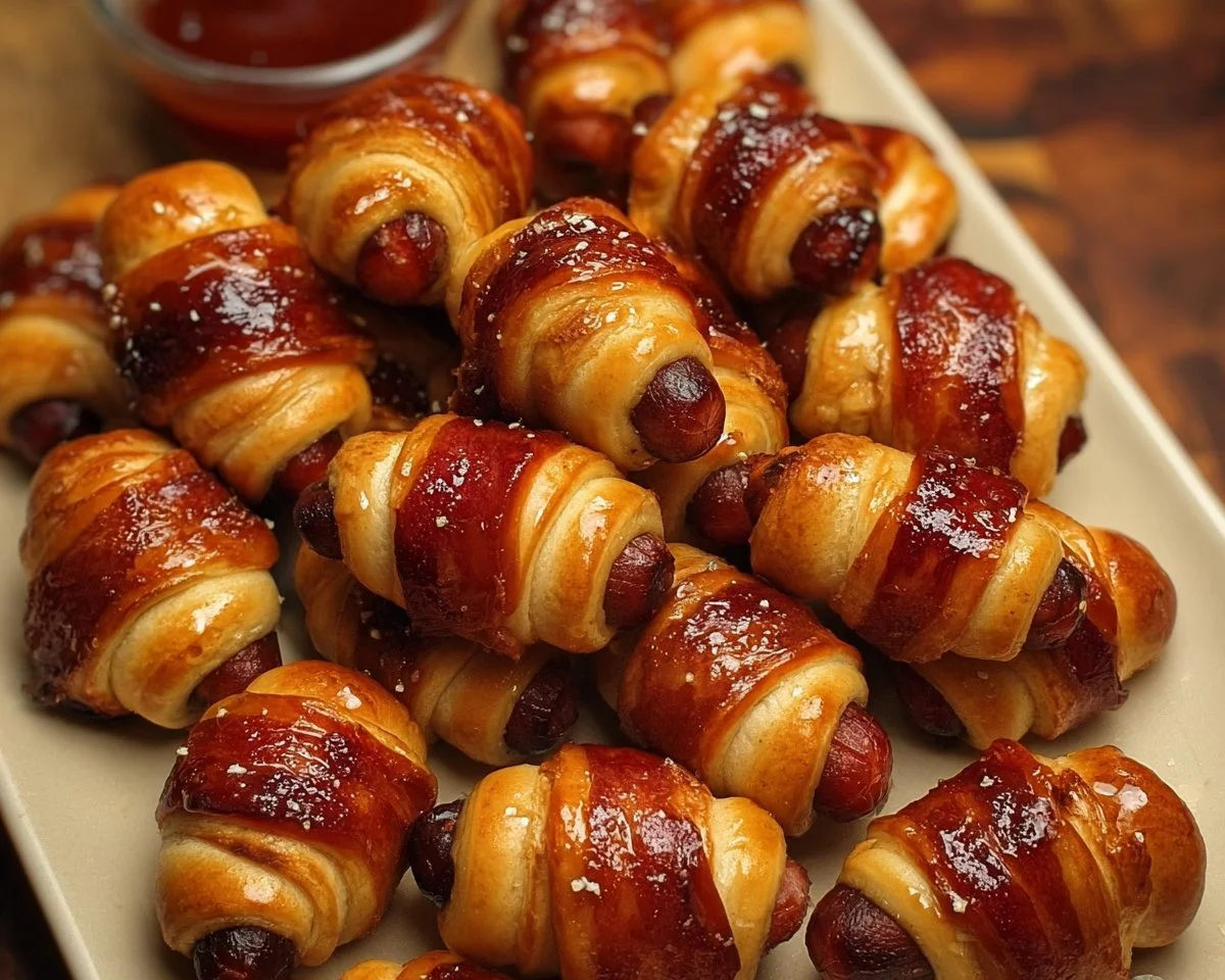Delicious glazed pigs in a blanket appetizer served on a platter