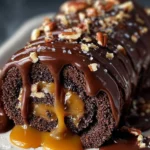 Gooey Chocolate Caramel Turtle Cake Roll with chocolate and caramel toppings