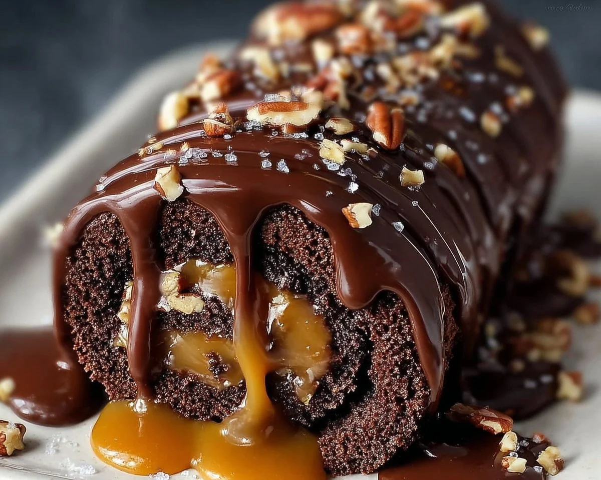 Gooey Chocolate Caramel Turtle Cake Roll with chocolate and caramel toppings