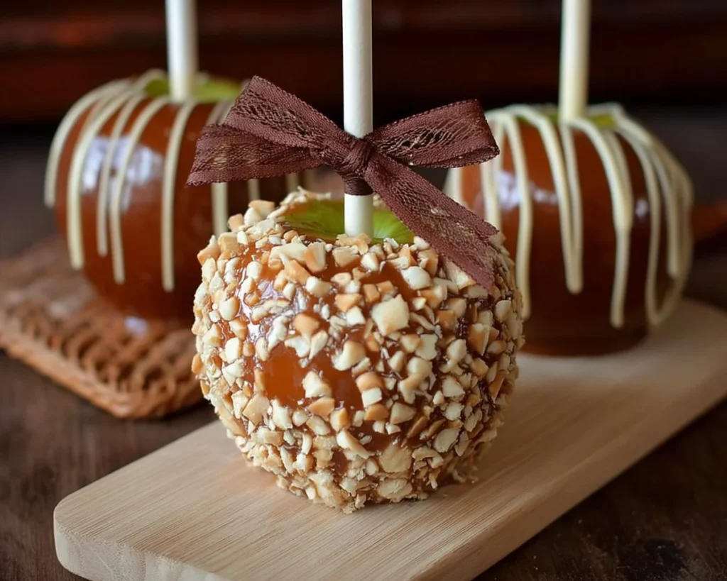 Delicious gourmet caramel apples drizzled with chocolate and nuts