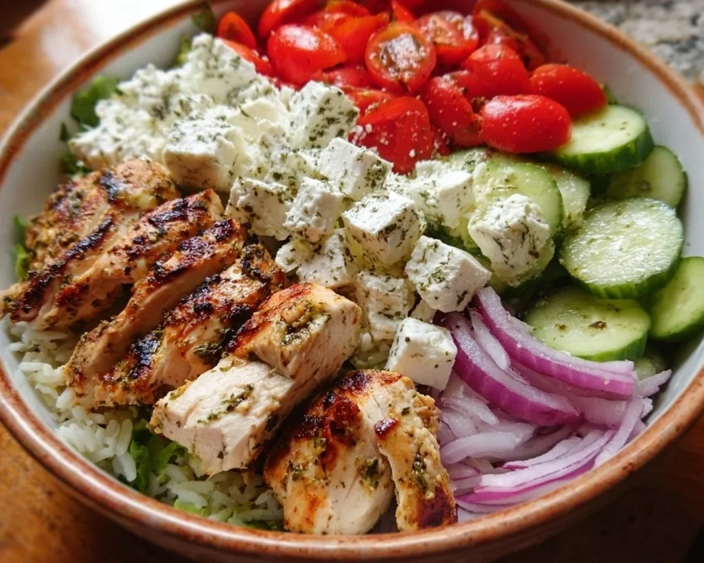 Delicious Greek Chicken Bowls with fresh vegetables and herbs.