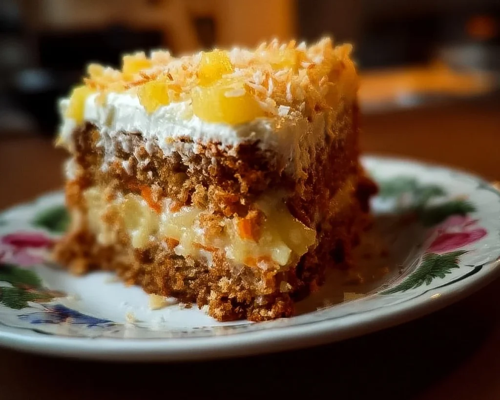 Delicious Hawaiian Carrot Pineapple Cake with frosting and pineapple slices