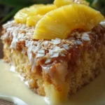 Delicious slice of Hawaiian pineapple cake topped with fresh pineapple and whipped cream