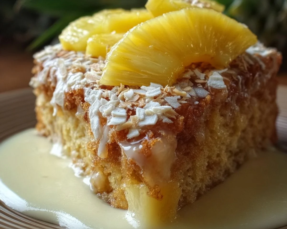 Delicious slice of Hawaiian pineapple cake topped with fresh pineapple and whipped cream
