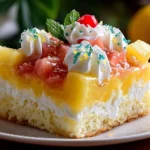 Delicious Hawaiian Poke Cake topped with frosting and pineapple chunks