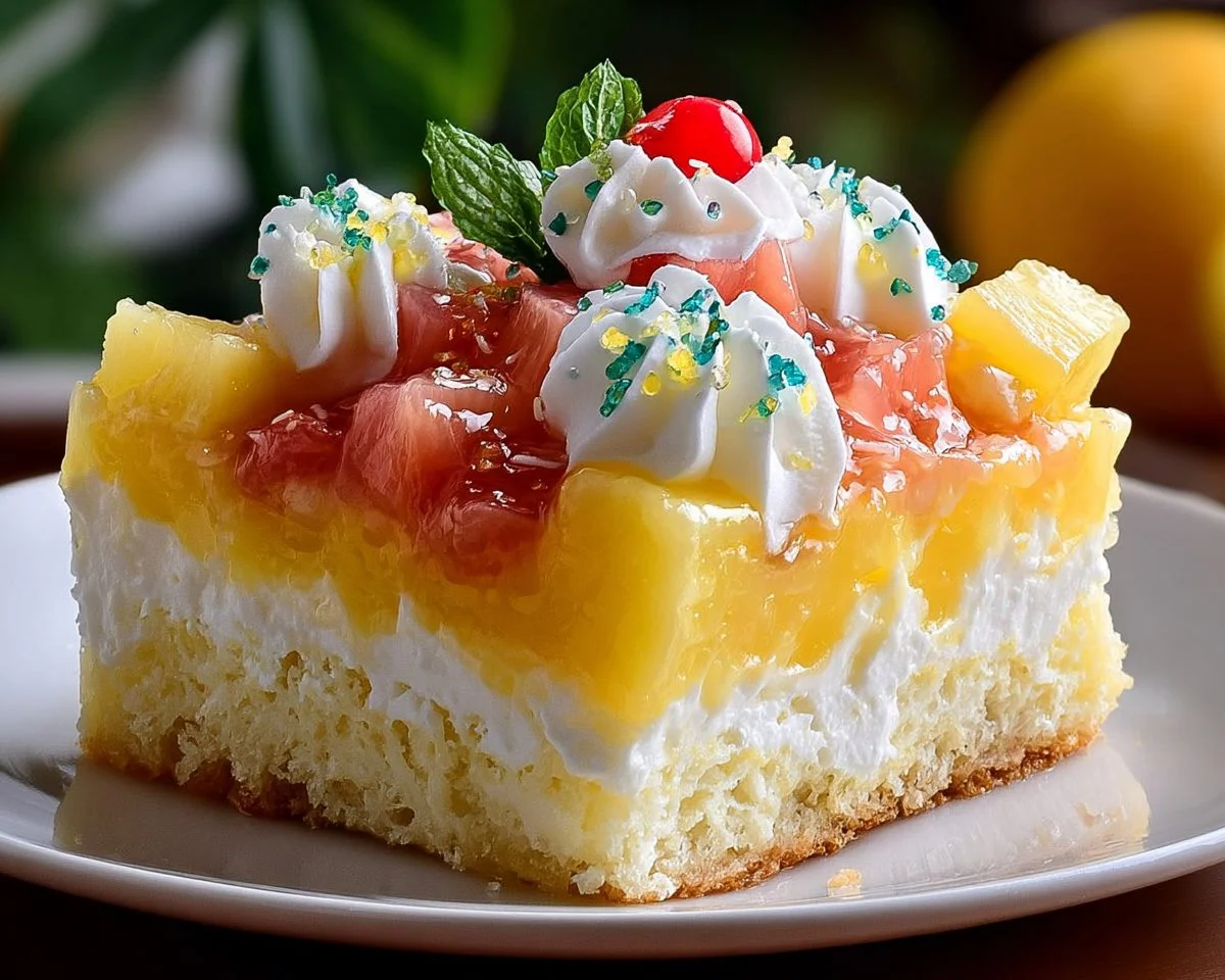 Delicious Hawaiian Poke Cake topped with frosting and pineapple chunks