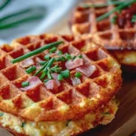 Healthy tuna melt chaffles served on a plate, topped with melted cheese and herbs.
