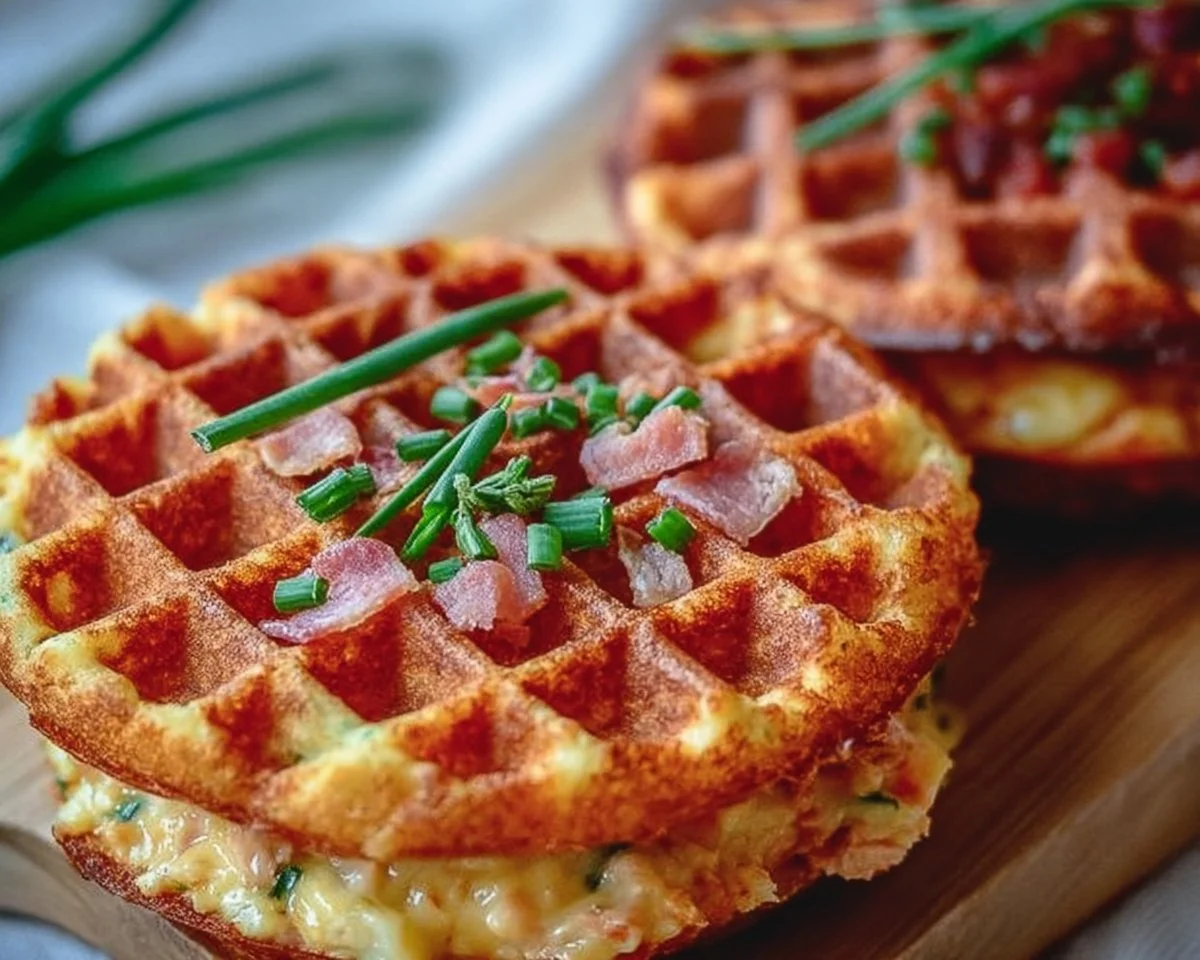 Healthy tuna melt chaffles served on a plate, topped with melted cheese and herbs.