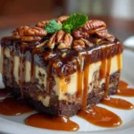 Decadent turtle brownie cheesecake with caramel and pecans served on a plate.