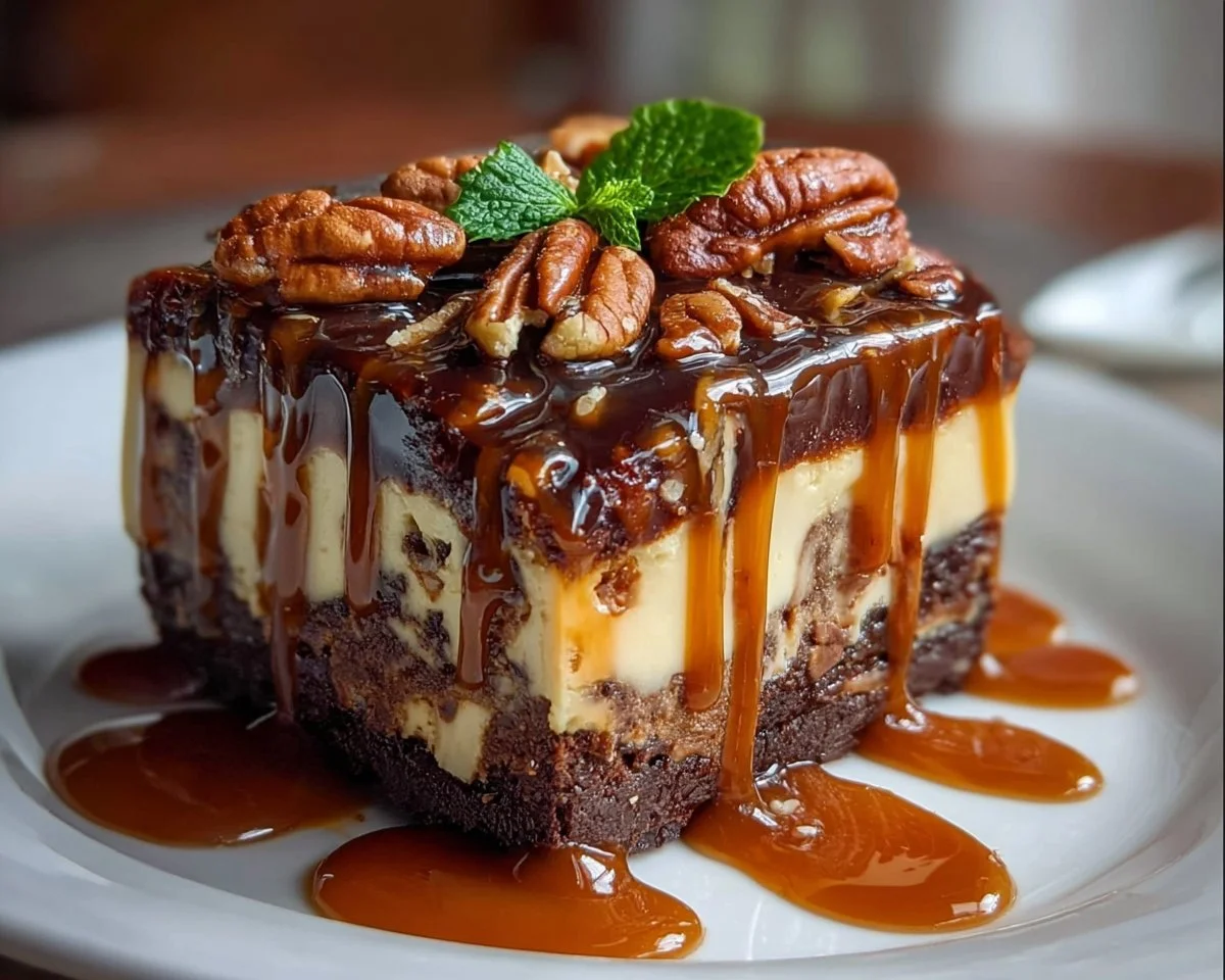 Decadent turtle brownie cheesecake with caramel and pecans served on a plate.