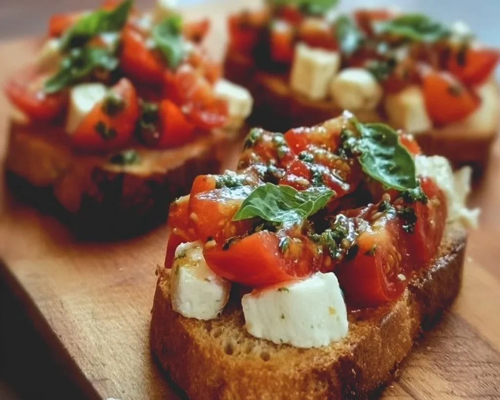 A plate of delicious Italian bruschetta topped with fresh tomatoes and basil.