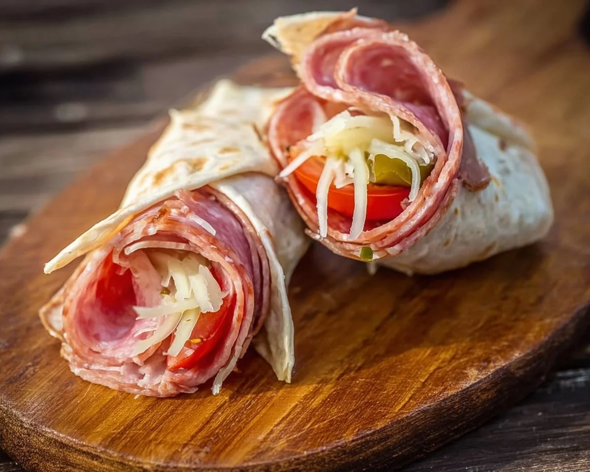 Plate of tasty Italian sub roll-ups filled with assorted meats and vegetables