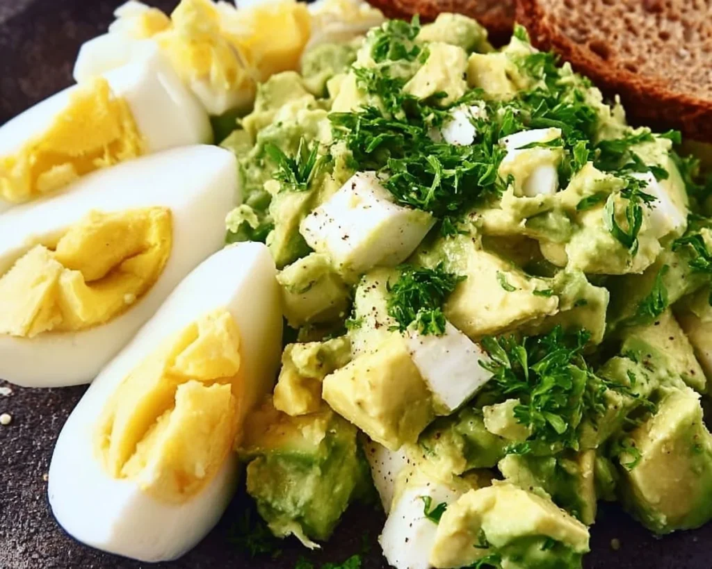 Keto Avocado Egg Salad with avocado and hard-boiled eggs in a bowl