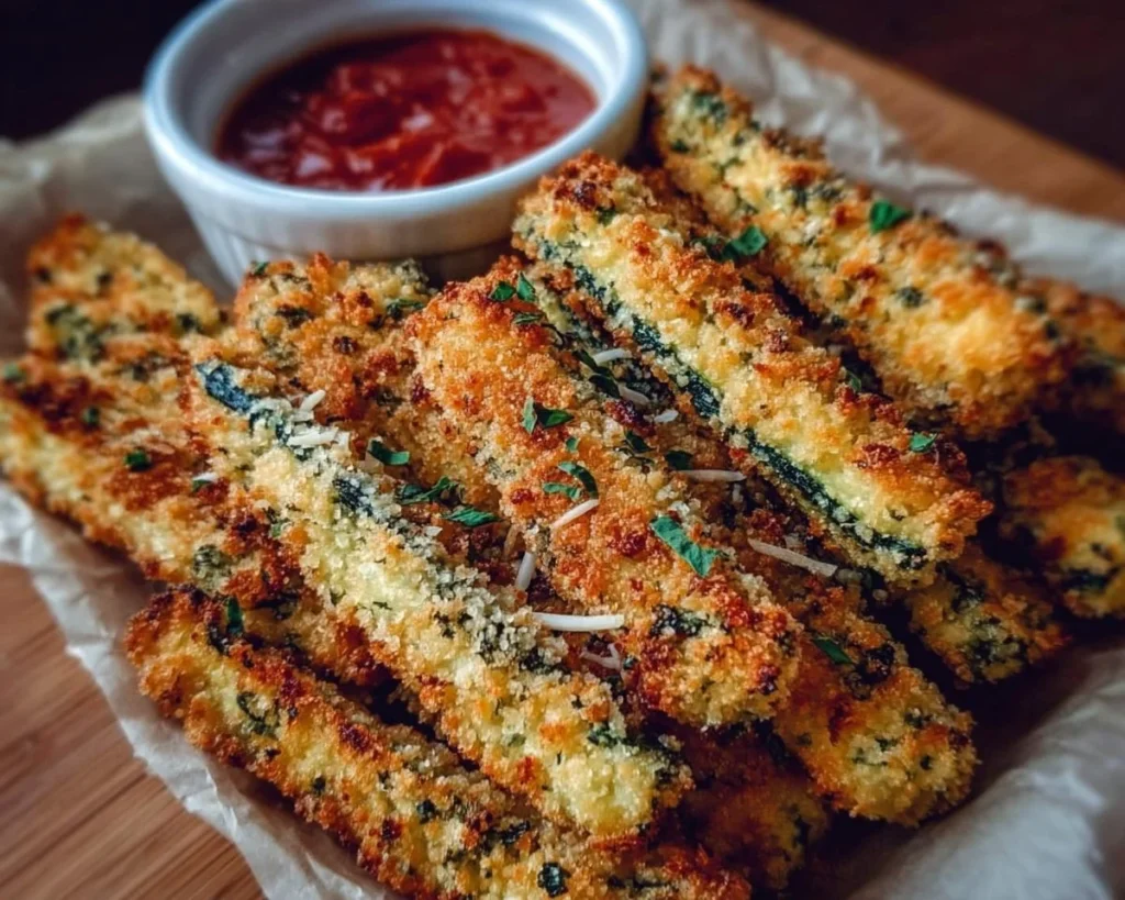 Keto baked Parmesan zucchini fries on a plate with herbs and dipping sauce.