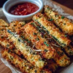 Keto baked Parmesan zucchini fries on a plate with herbs and dipping sauce.