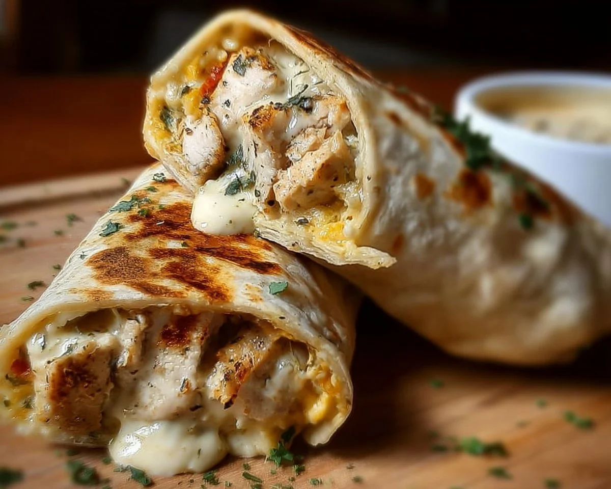 Keto Cheesy Garlic Chicken Wraps served with fresh greens on a white plate