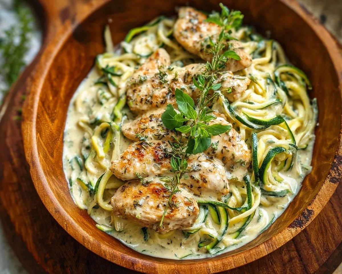 Keto Chicken Alfredo served on a plate with zucchini noodles