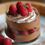 Delicious Keto Chocolate Mousse topped with whipped cream and strawberries