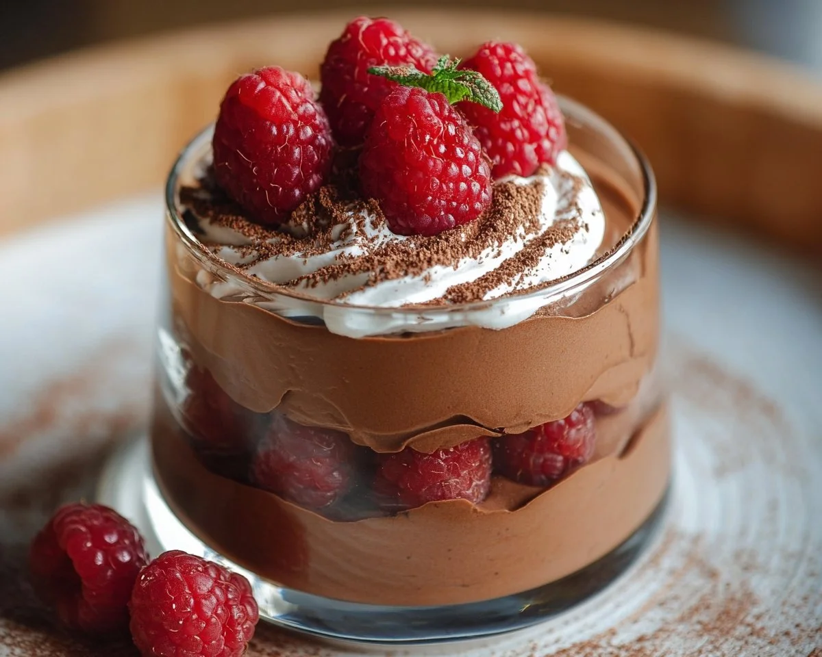 Delicious Keto Chocolate Mousse topped with whipped cream and strawberries