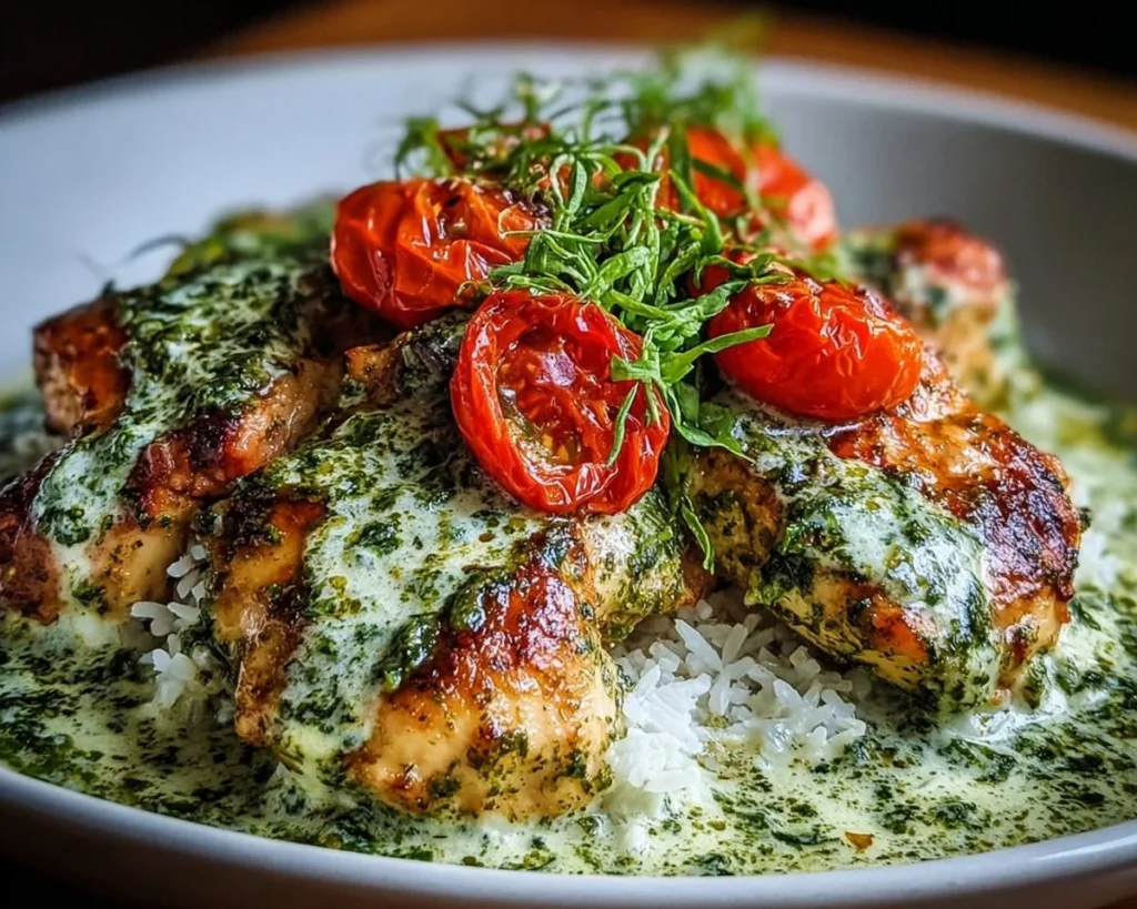 Plate of Keto Creamy Pesto Chicken garnished with herbs