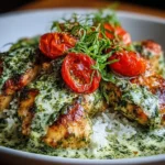 Plate of Keto Creamy Pesto Chicken garnished with herbs