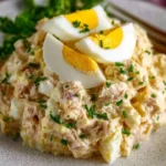 Keto low carb tuna egg salad served in a bowl with fresh herbs