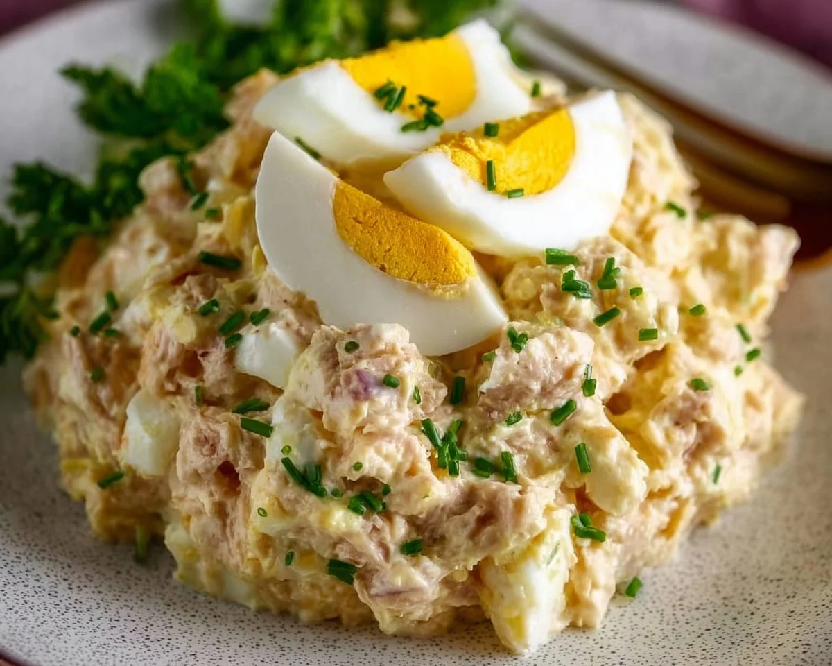 Keto low carb tuna egg salad served in a bowl with fresh herbs