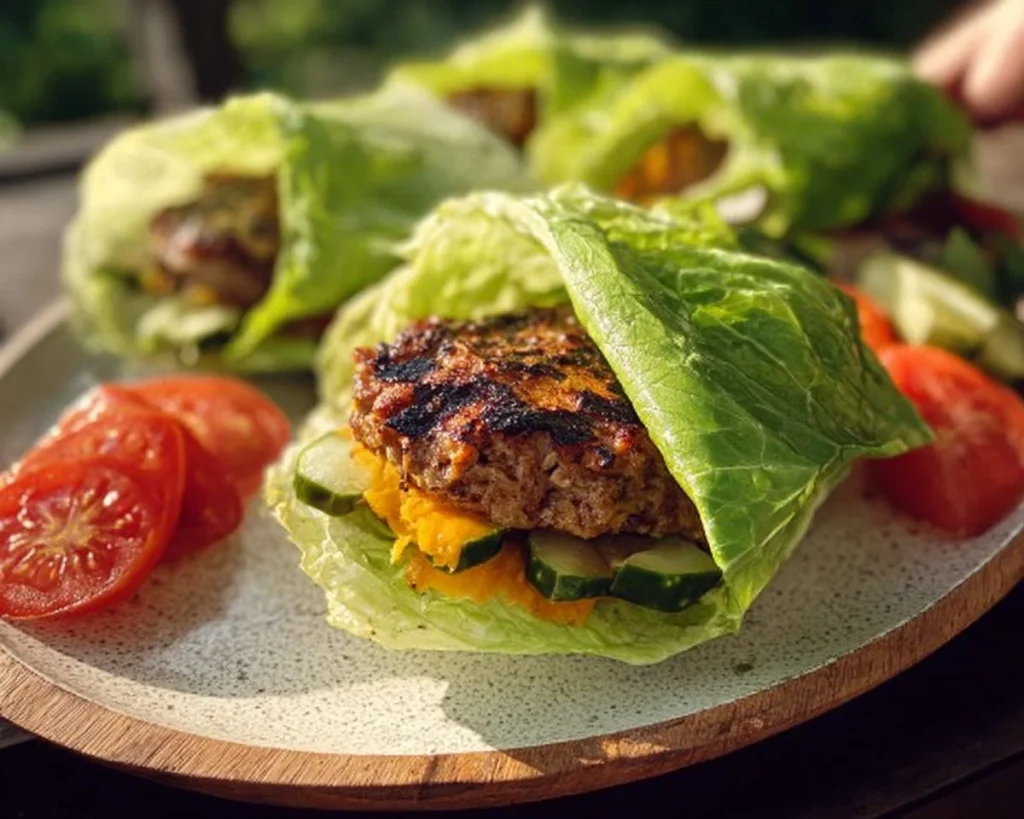Lettuce Wrapped Grilled Jalapeño Cheddar Turkey Burgers on a plate
