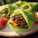 Lettuce Wrapped Grilled Jalapeño Cheddar Turkey Burgers on a plate