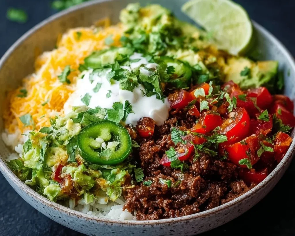 Low carb burrito bowl with fresh vegetables and protein