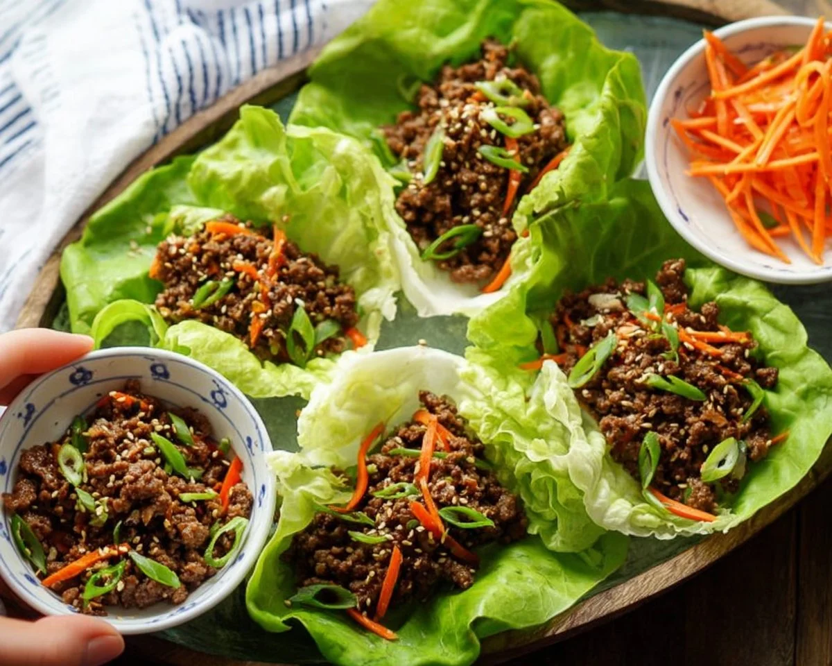 Low carb Korean beef lettuce wraps with tasty filling and fresh vegetables