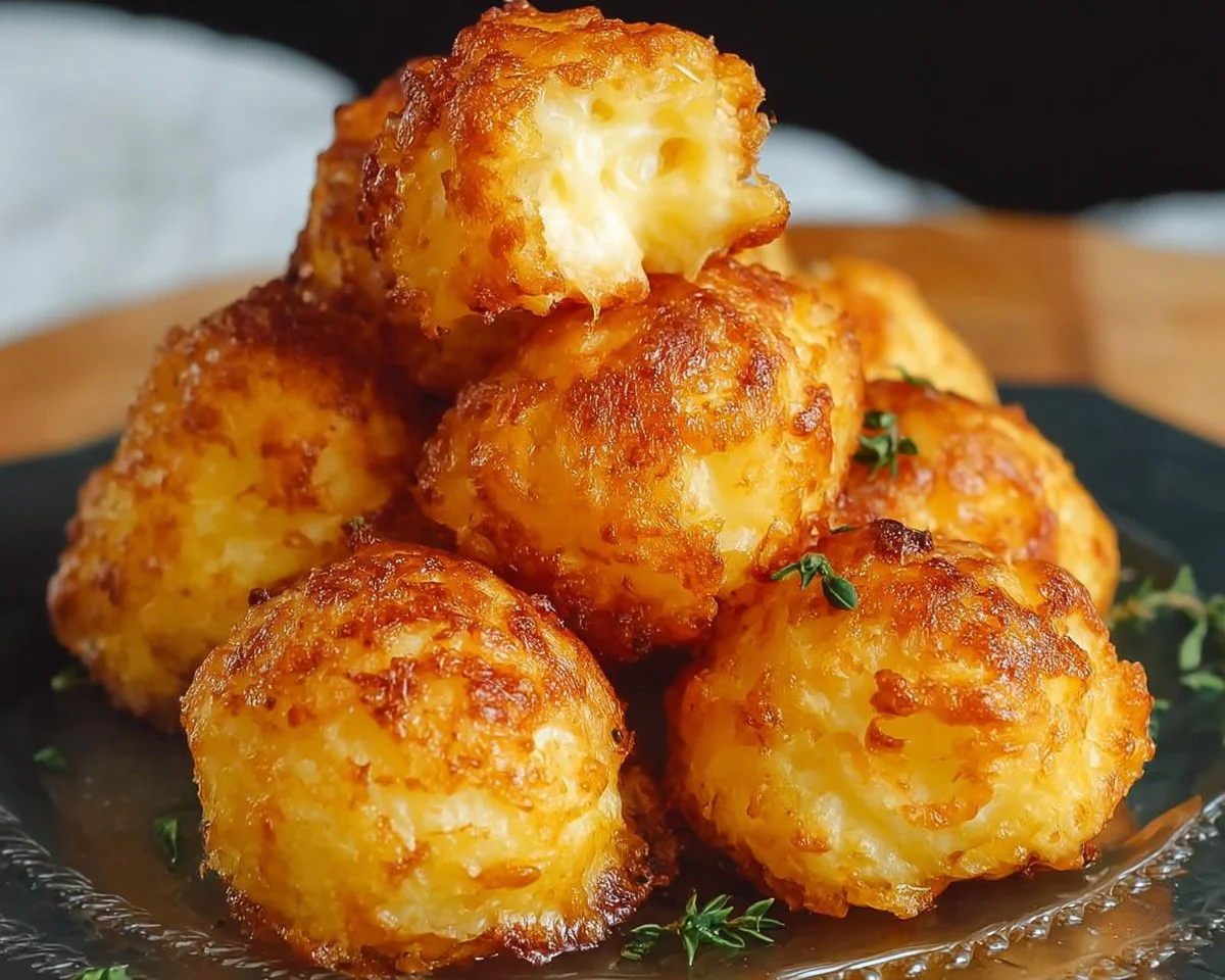Delicious homemade mashed potato cheese puffs ready to be served as appetizers.