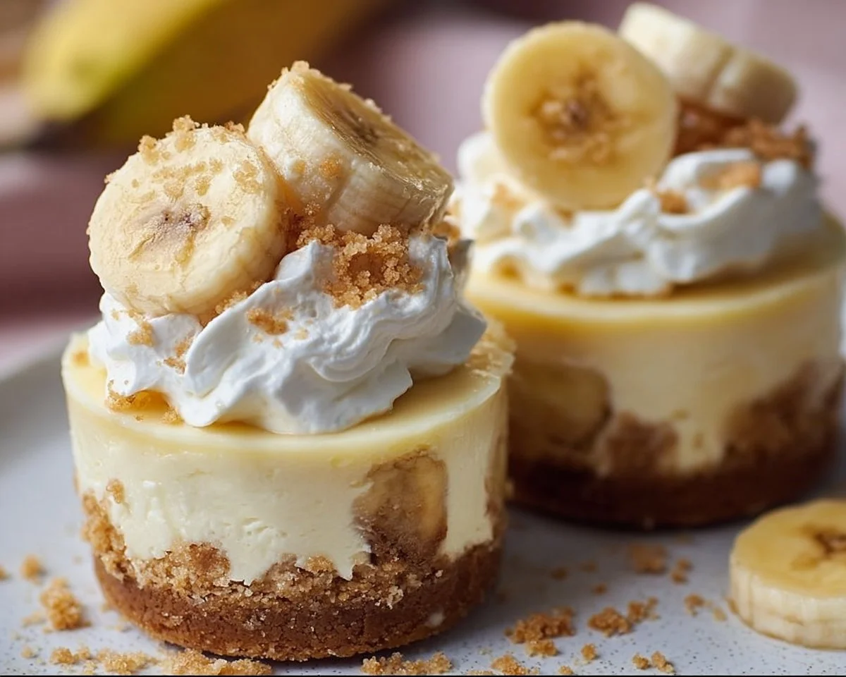 Delicious mini banana pudding cheesecakes topped with banana slices and whipped cream
