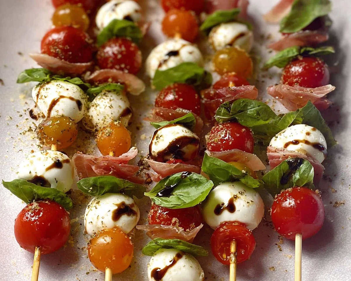 Mini Caprese Skewers with cherry tomatoes, basil, and mozzarella on a stick