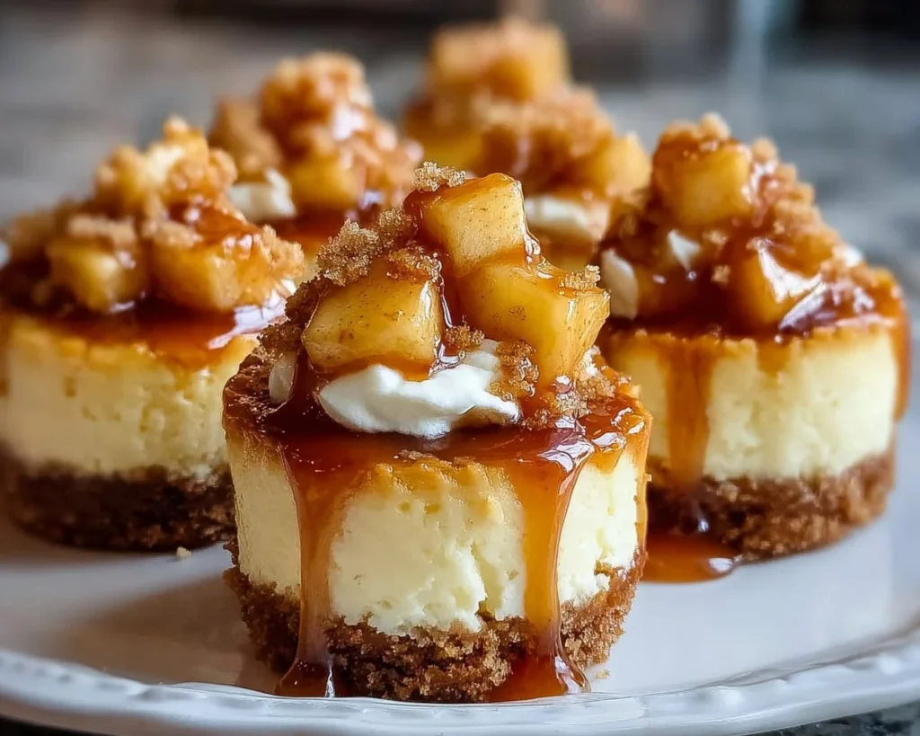 Delicious mini caramel apple cheesecake bites topped with caramel and apple slices