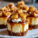Delicious mini caramel apple cheesecake bites topped with caramel and apple slices