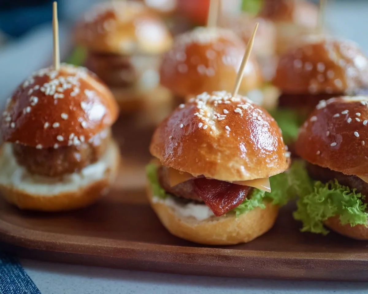 Mini lye burgers topped with leberkäse garnished on a wooden platter