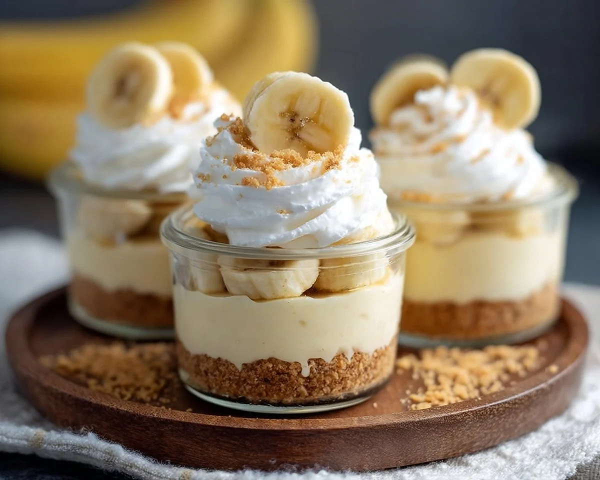 No-Bake Mini Banana Cream Pies with whipped cream and banana slices