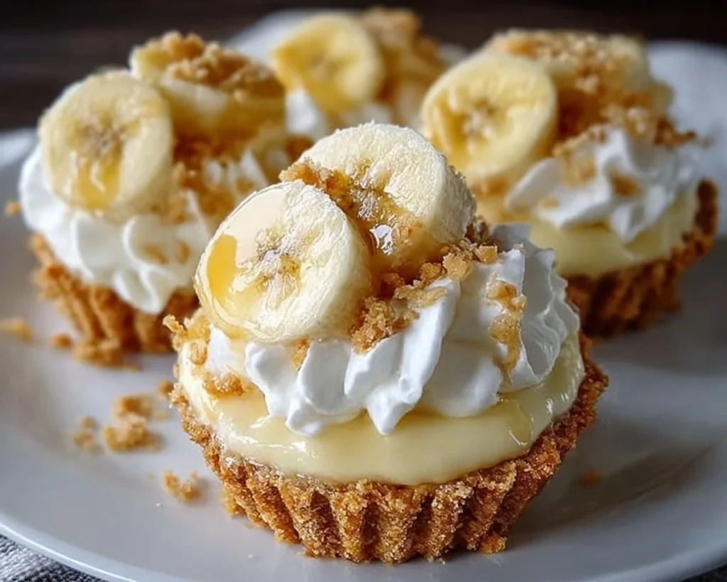 No-Bake Mini Banana Cream Pies served on a decorative plate