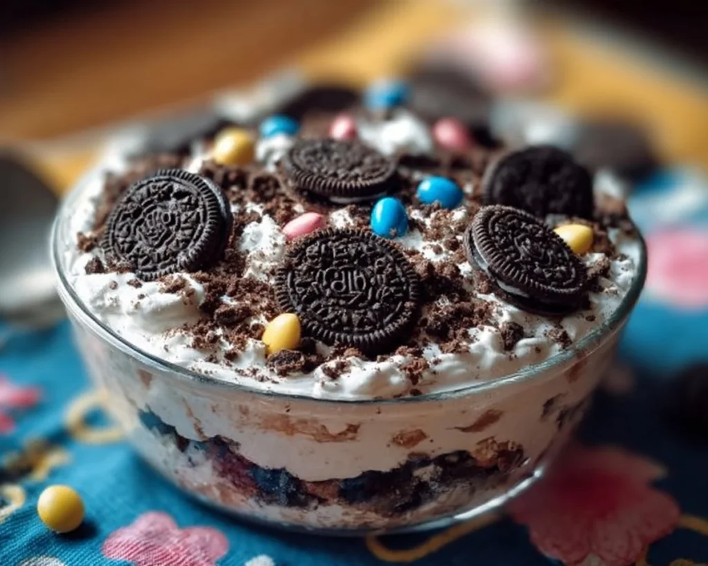 No-Bake Oreo Cookie Casserole dessert with crushed Oreos and creamy layers