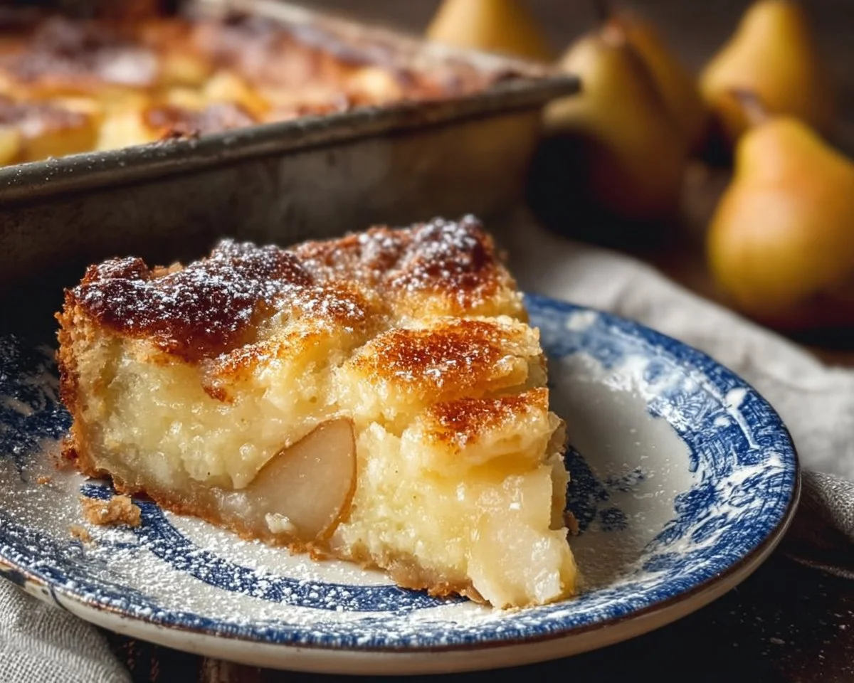 Delicious slice of pear custard pie topped with fresh pear slices and whipped cream