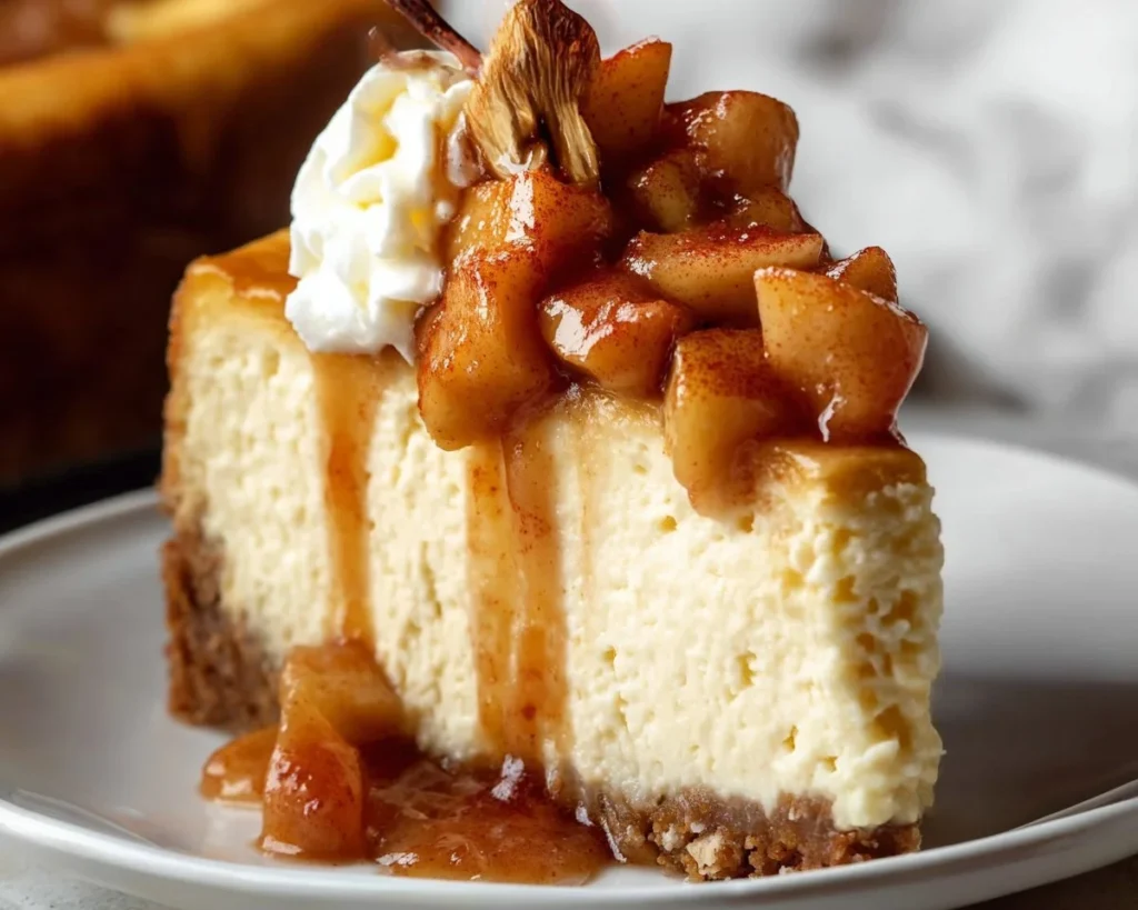 Delicious homemade apple cheesecake topped with fresh apples and caramel drizzle.